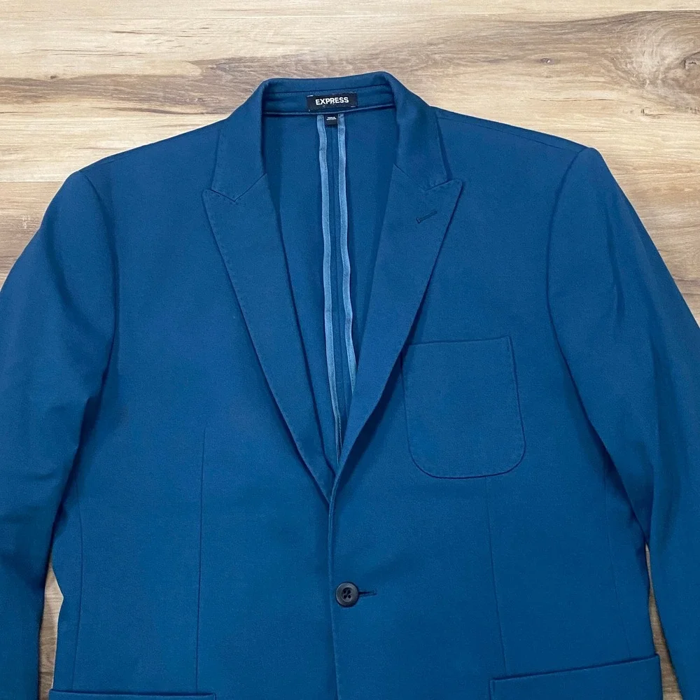 Express Suit 42L 34W Slim Fit 2-Piece Cotton Blend Stretch Teal Blue Modern